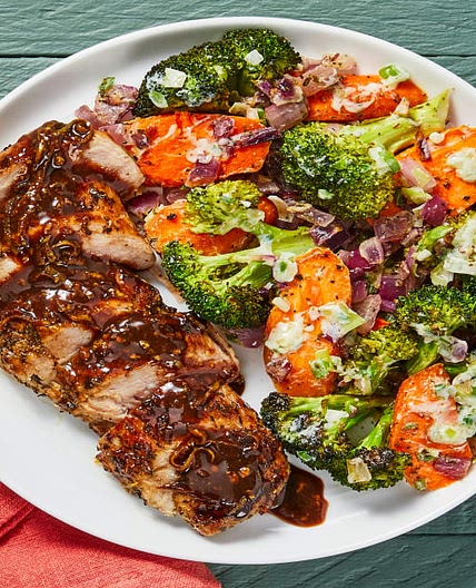 Balsamic-Glazed Pork Tenderloin with Roasted Veggie Jumble & Herby Yogurt Sauce