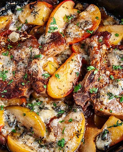 Skillet Blue Cheese Pork Chops with Apples and Pears
