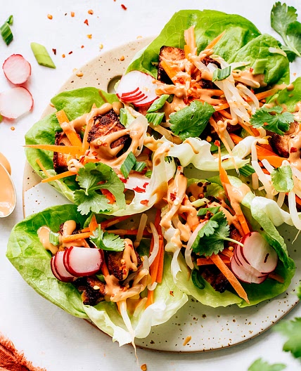 Crispy Tofu Lettuce Wraps with Peanut Sauce