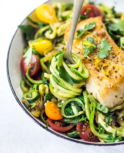Lemony Zucchini Noodless with Halibut