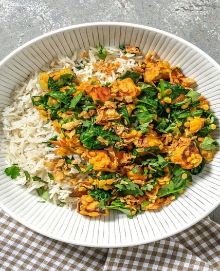 Red Lentil and Sweet Potato Curry with Spinach and Basmati Rice