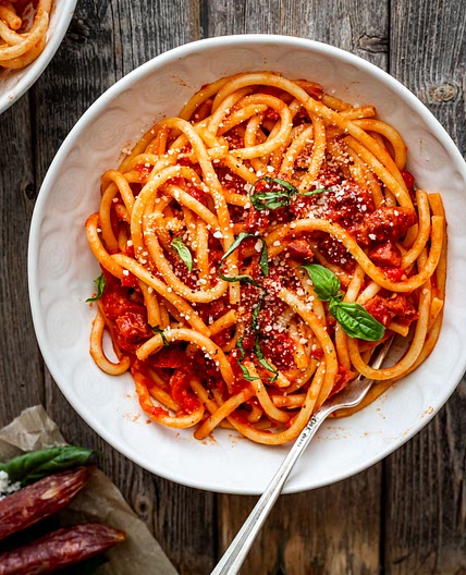 Bucatini all'Amatriciana with Chinese Sausage