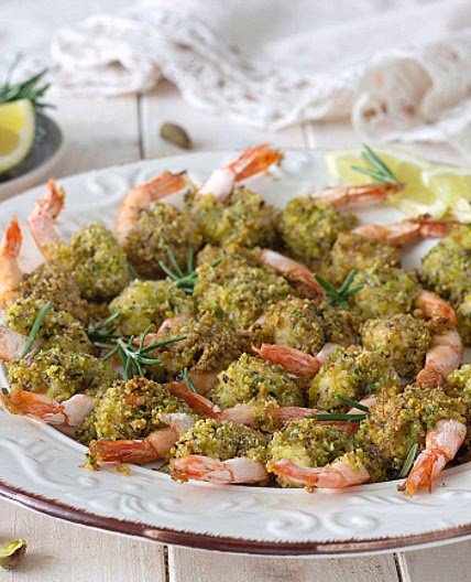 Gamberi al forno in crosta di pistacchi