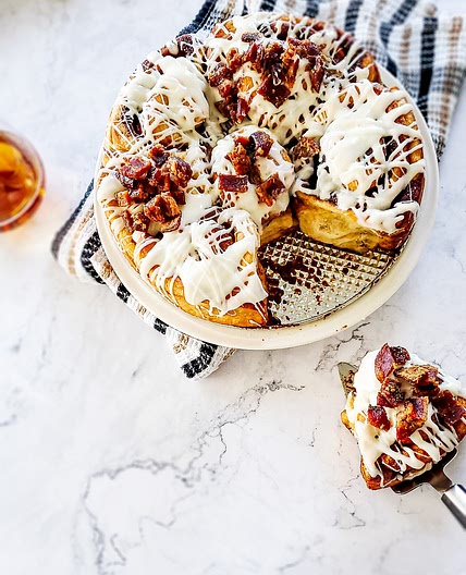 Cinnamon Rolls with Maple Whiskey Glaze & Candied Bacon