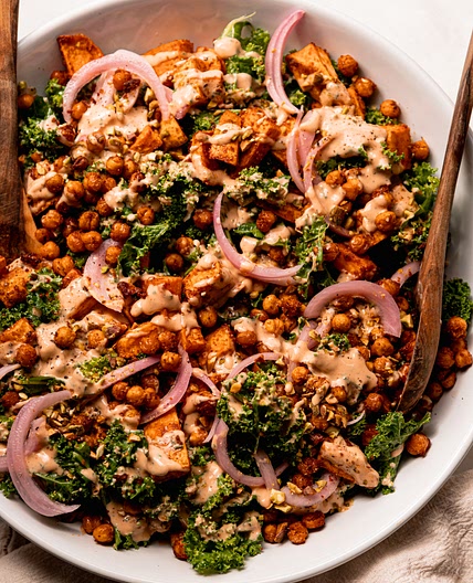 Kale Sweet Potato Salad with Crispy Chickpeas, Pickled Red Onion & Spicy Tahini Ranch