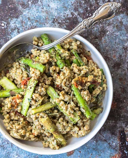 Baked Farrotto with Basil-Walnut Pesto
