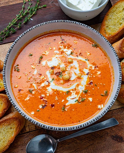 Creamy Roasted Red Pepper Chickpea Soup with Tahini and Feta