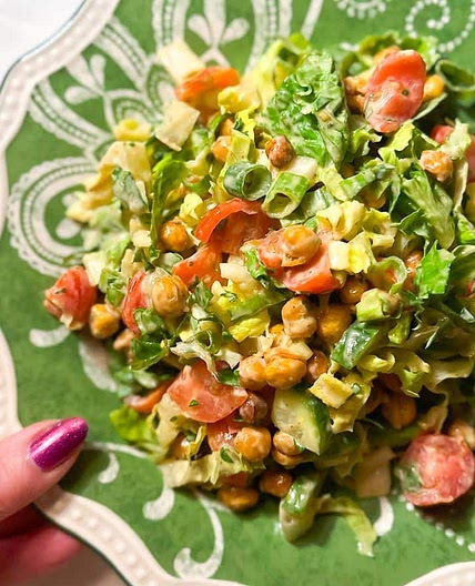 Low FODMAP Crispy Chickpea Chopped Salad with Lemon Tahini Dressing