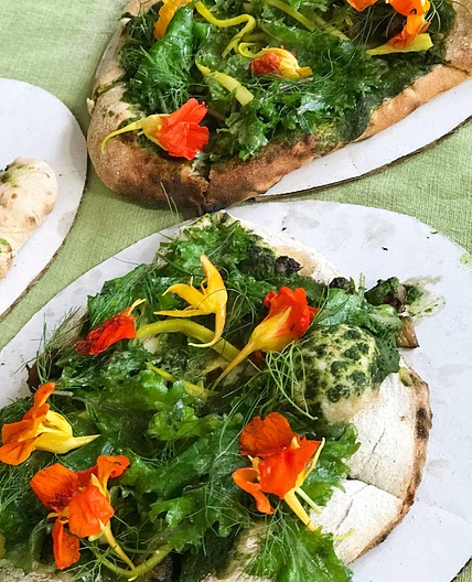 Pesto Pizza with Edible Flowers