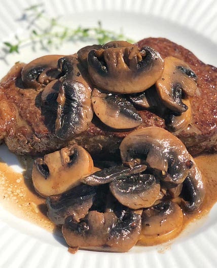 BUTTER-BASTED WAGYU SIRLOIN STEAK WITH MUSHROOMS AND RED WINE SAUCE