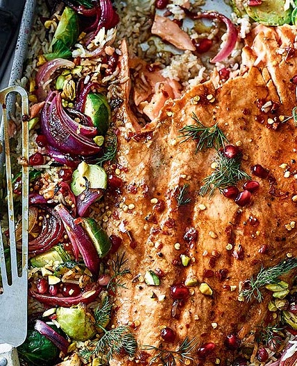 Spiced salmon and sprout traybake