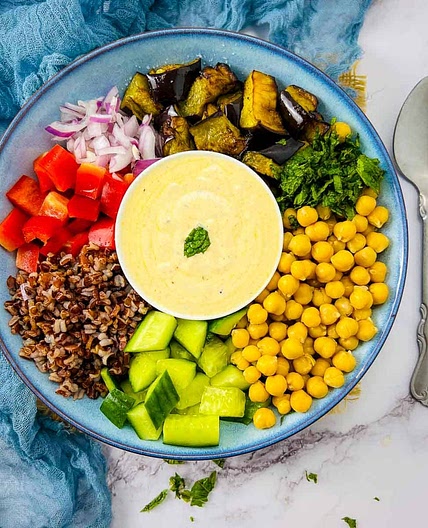 Roasted Eggplant and Chickpea Buddha Bowl