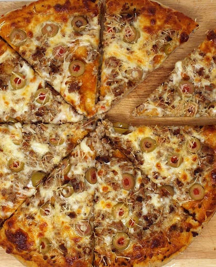 Homemade Deep Dish Sausage and Olive Pizza