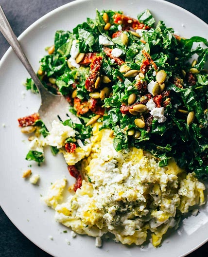 Goat Cheese Scrambled Eggs with Pesto Veggies