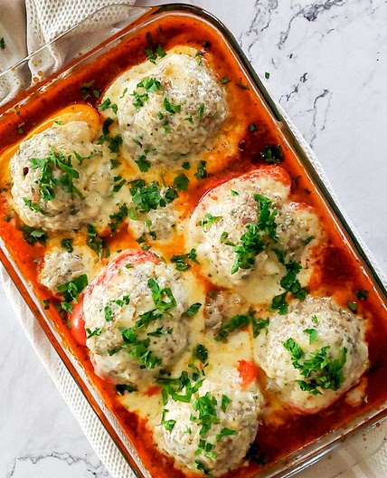 Stuffed Peppers with Pork, Caramelized Onions, and Jasmine Rice