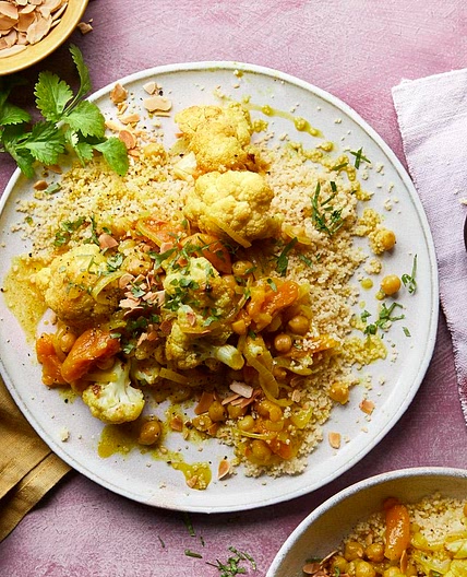 Vegetarian tagine with roasted cauliflower, apricots and chickpeas