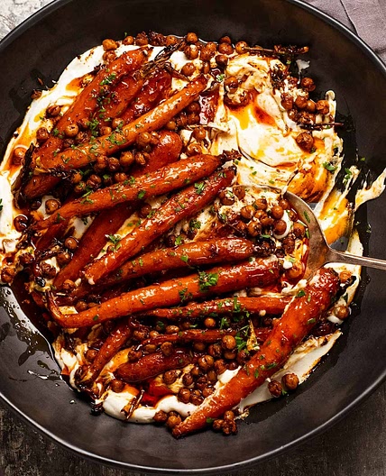 Spicy maple roast carrots with crispy chickpeas and yogurt sauce