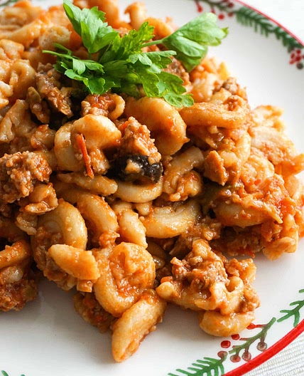 Cellentani Pasta with ground turkey and Sicilian tomato sauce