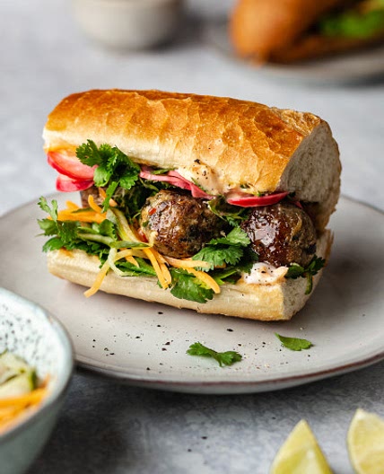 Vegan banh mi with lemongrass meatballs