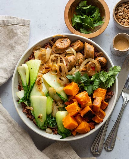 Sausage and Bok Choy Grain Bowl with Creamy Tahini Dressing