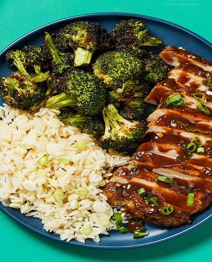 Hoisin Plum Pork Chops with Scallion Rice & Sesame Roasted Broccoli