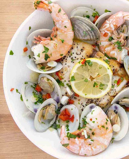 Pan-Seared Barramundi with Clams & Shrimp