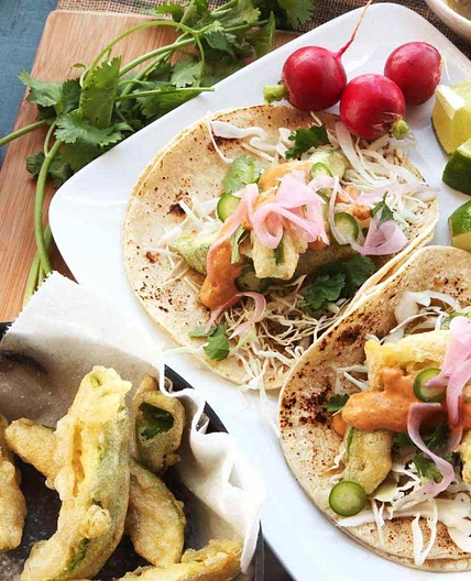Fried-Avocado Tacos With Chipotle Cream, Cabbage, and Pickled Red Onions Recipe