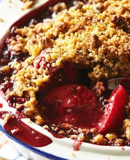 Tamarillo with almond and chocolate crumble