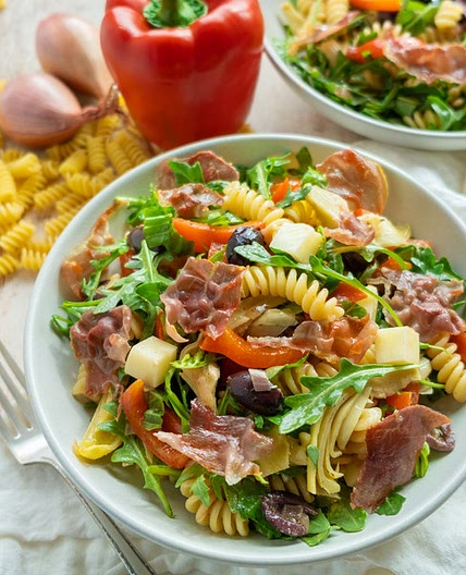 Antipasto Pasta Salad with Crispy Prosciutto, Artichokes & Mozzarella