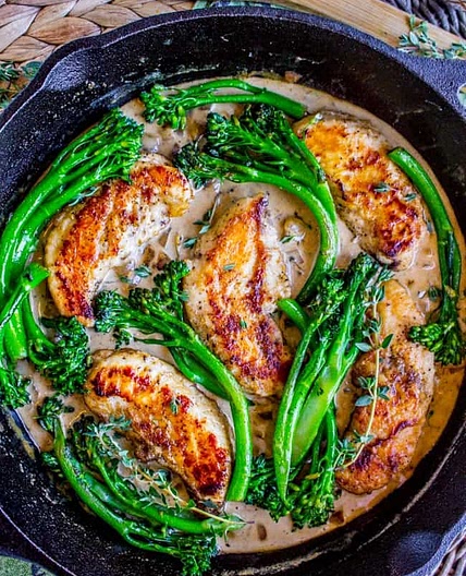 Pan-Seared Chicken and Broccolini in Creamy Mustard Sauce