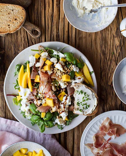 Prosciutto Salad with Mango and Burrata