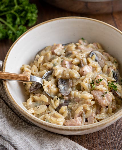 One Pot Creamy Ham Mushroom Orzo