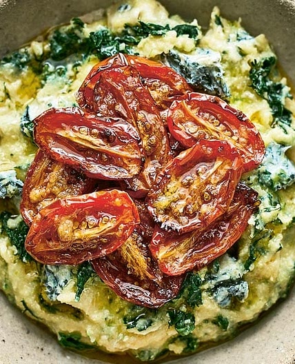 Spinach and Blue Cheese Polenta with Slow-Roasted Tomatoes