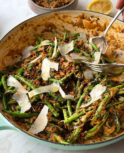 Blistered green bean casserole with parmesan and rosemary