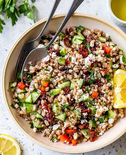 Farro Salad with Feta, Cucumbers and Sun-dried Tomatoes