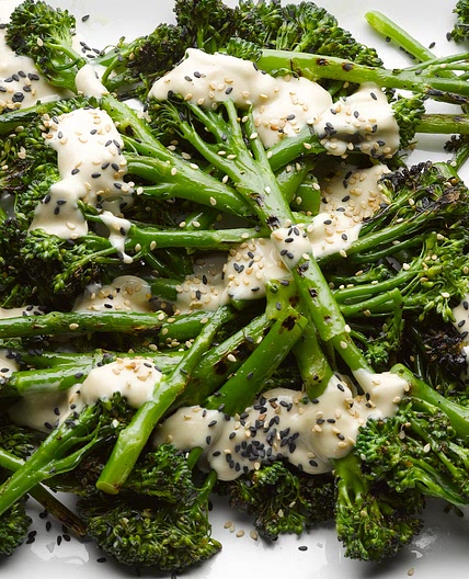 Char grilled sprouting broccoli with sweet tahini