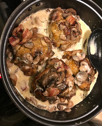 Chicken Thighs with Creamy Bacon Mushroom Thyme Sauce