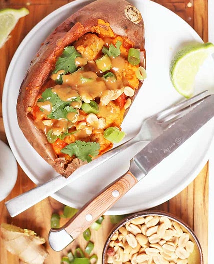 Stuffed Sweet Potatoes with Peanut-Ginger Tempeh