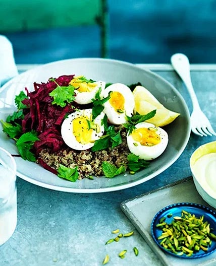 Quinoa pilaf with beetroot, egg and tahini yoghurt