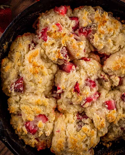 Fresh Strawberry Biscuits in a Cast Iron Skillet