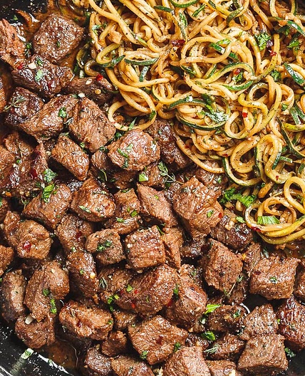 Garlic Butter Steak Bites with Lemon Zucchini Noodles