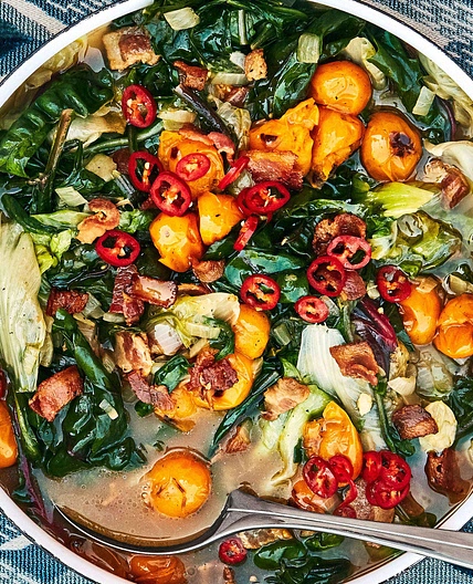 Wilted Greens in Tomato-Bacon Broth