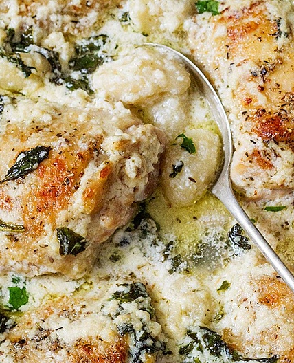 Baked Chicken Gnocchi with Garlic Asiago Cream Sauce