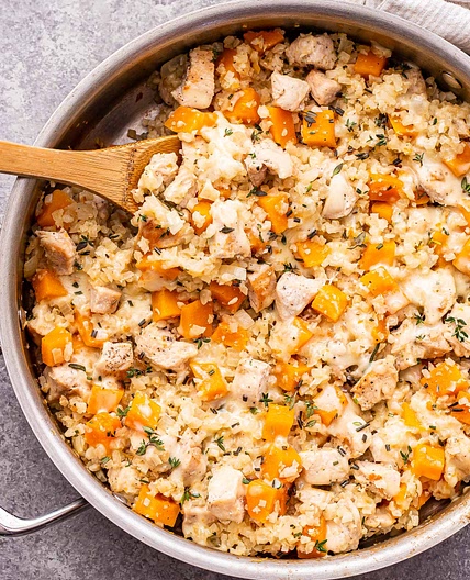 Cheesy Chicken, Butternut Squash and Cauliflower Rice Skillet