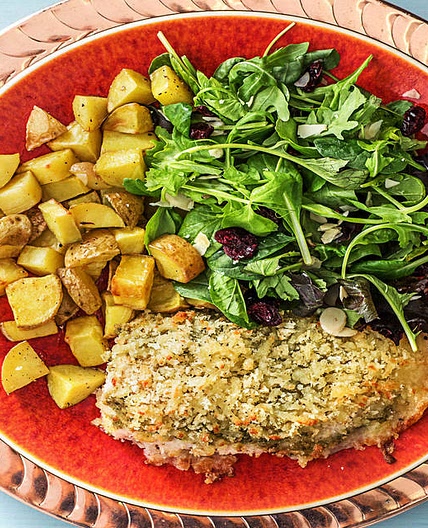 Presto Pesto Panko Chicken with a Green Salad and Roasted Potatoes