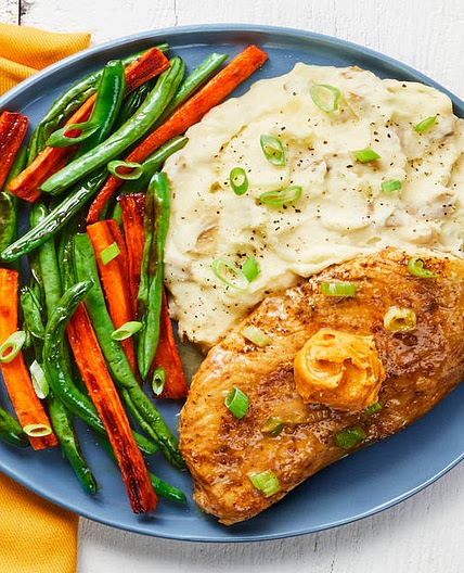 Old Bay Buttered-Up Chicken with Garlic Mashed Potatoes & Roasted Veggies