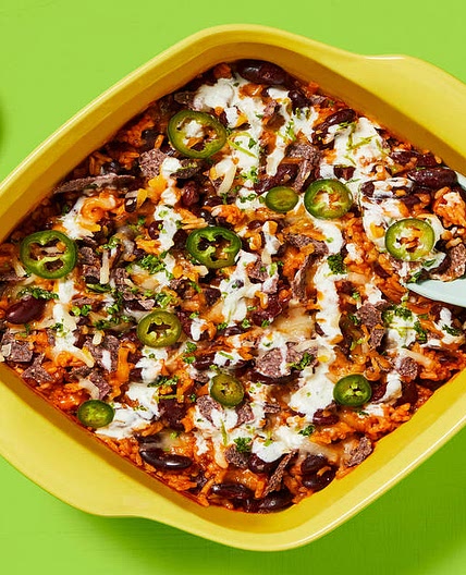 One-Pan Rice & Bean Enchilada Bake with Pickled Jalapeño, Zesty Crema & Blue Corn Tortilla Chips