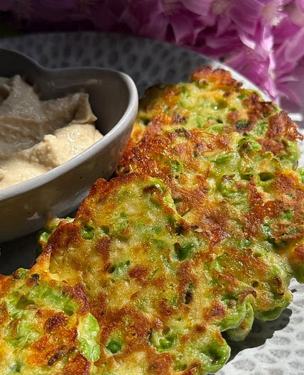 Pea & apple fritters 

100g peas 1 egg 1 small apple, grated 2 tbsp sr flour