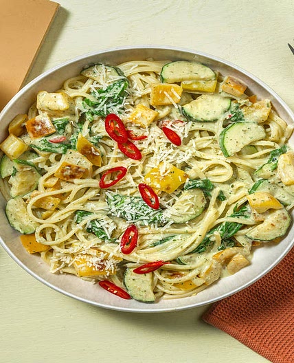 Zucchini and Lemon Linguine with Basil Pesto and Goat Cheese