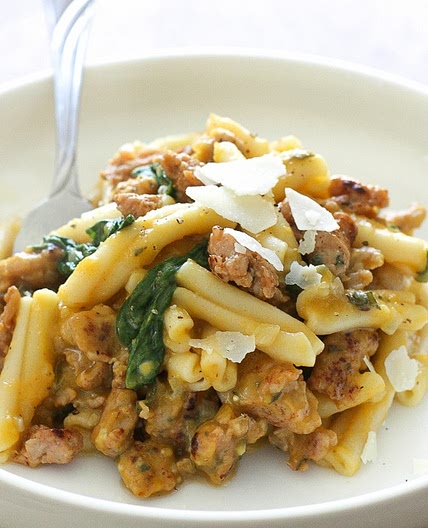 Pasta with Butternut Sauce, Spicy Sausage and Baby Spinach